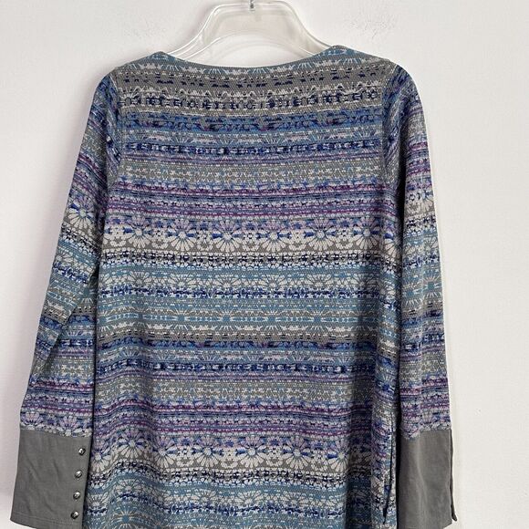 J Jill Fair Isle Long Sleeve Tunic Top XS Pockets Thermal Waffle Knit Blue Gray - Picture 8 of 12